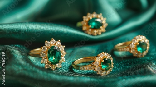 Beautiful Golden ring and pair of earrings with green Emerald and Diamonds gemstones on a green satin background. Luxury female jewelry, close-up. Selective focus 