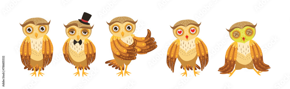 Fototapeta premium Funny Owl Character with Feathers and Wing in Different Activity Vector Set