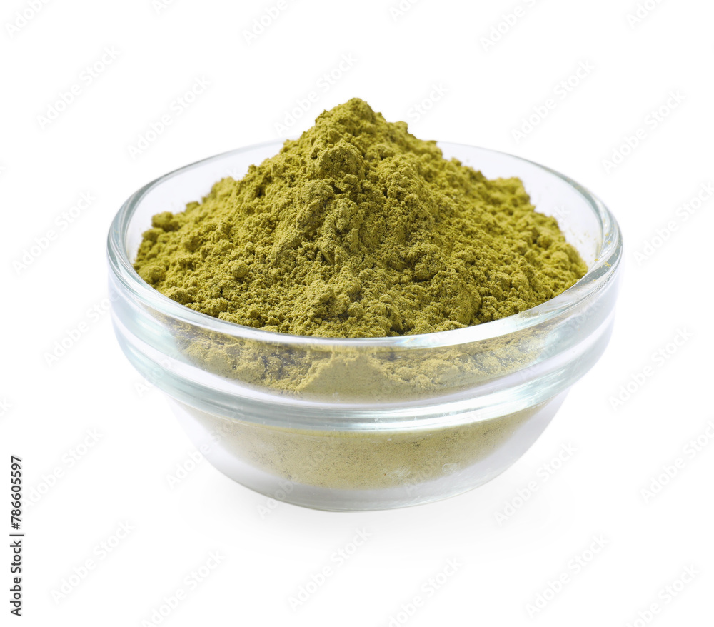 Henna powder in glass bowl isolated on white Henna powder in glass bowl isolated on white