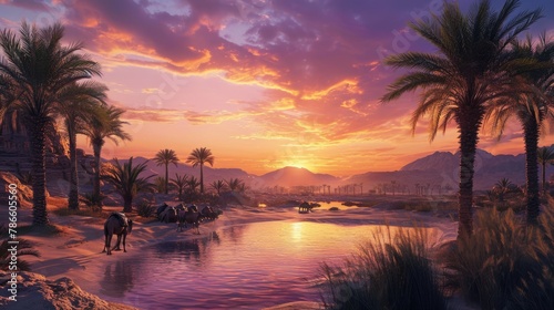 A tranquil oasis scene at sunset with silhouettes of camels and towering palm trees reflected in water. Resplendent.