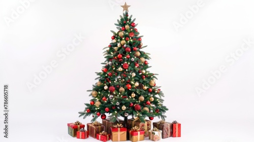 A festive Christmas tree surrounded by presents. Perfect for holiday season designs