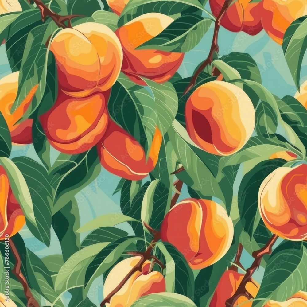Fresh ripe peaches hanging from a tree, perfect for food and agriculture concepts Fresh ripe peaches hanging from a tree, perfect for food and agriculture concepts