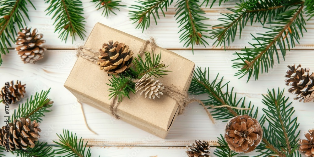 A gift wrapped in brown paper with pine cones, perfect for holiday season decorations A gift wrapped in brown paper with pine cones, perfect for holiday season decorations