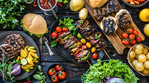 Summer bbq or picnic food top border variety of burgers grilled meat vegetables fruits salad and potatoes