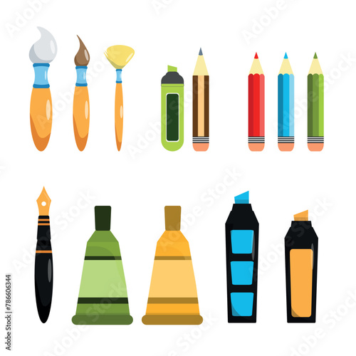 Set of cute drawing supplies in cartoon style. Vector illustration of beautiful art elements: brushes of different sizes, colored pencils, markers, paint tubes, ink pen isolated on white background.