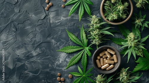 CBD Cannabis Marijuana Plant Flowers Medical Pills Leaves Dark Background Alternative Natural Treatment Concept Banner Copy Space