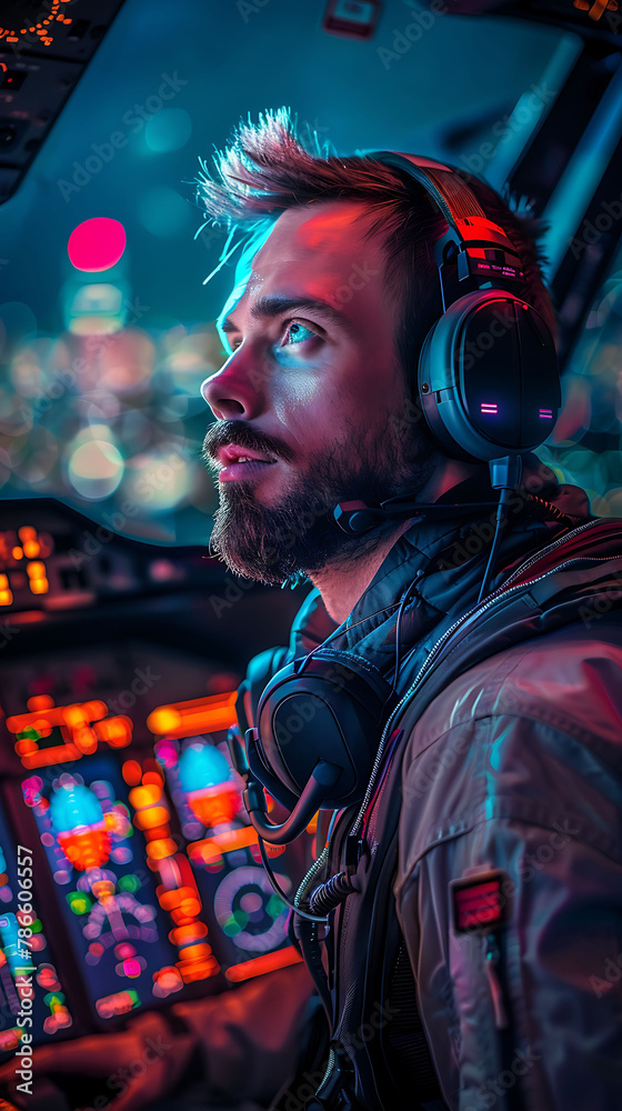 A Pilot Operating aircraft controls, navigating flight paths, and communicating with air traffic control to ensure safe and efficient flight operations, realistic people photography