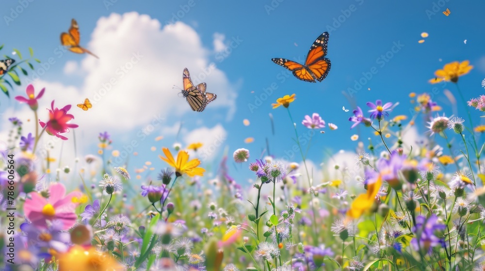 A field of colorful wildflowers with a butterfly flying in the sky. Suitable for nature and wildlife themes