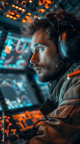 A Pilot Monitoring weather conditions, airspace restrictions, and aircraft systems to make real-time decisions and adjustments during flight, realistic people photography