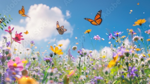 A field of colorful wildflowers with a butterfly flying in the sky. Suitable for nature and wildlife themes