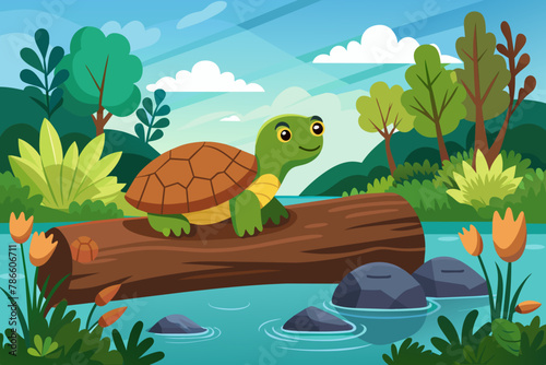 A turtle taking a break on a log in a tranquil pond Vector illustration 