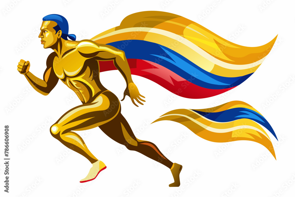 bandera colombia, degradados de efecto oro, ondeando la letra X, delgada, acabados finos, destellos brillantes, lineas perfectas armonicas, hombre atleta corriendo de perfil, traje de oro bandera colombia, degradados de efecto oro, ondeando la letra X, delgada, acabados finos, destellos brillantes, lineas perfectas armonicas, hombre atleta corriendo de perfil, traje de oro