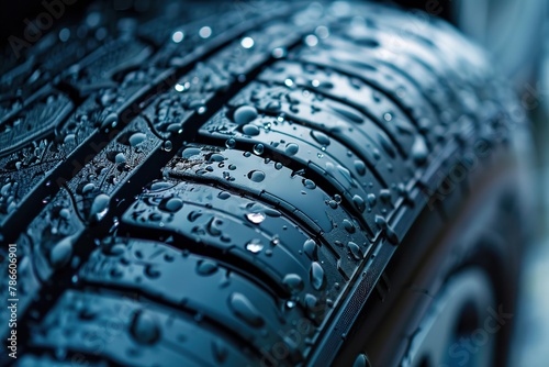 Water drops on car tire protector, macro photo
