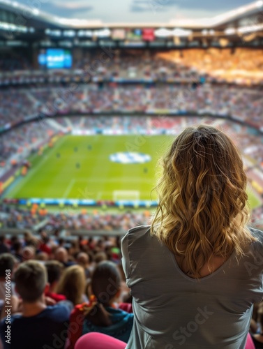 A fan is watching soccer match in a big football stadium with full of crowd. Soccer field in a blurred background