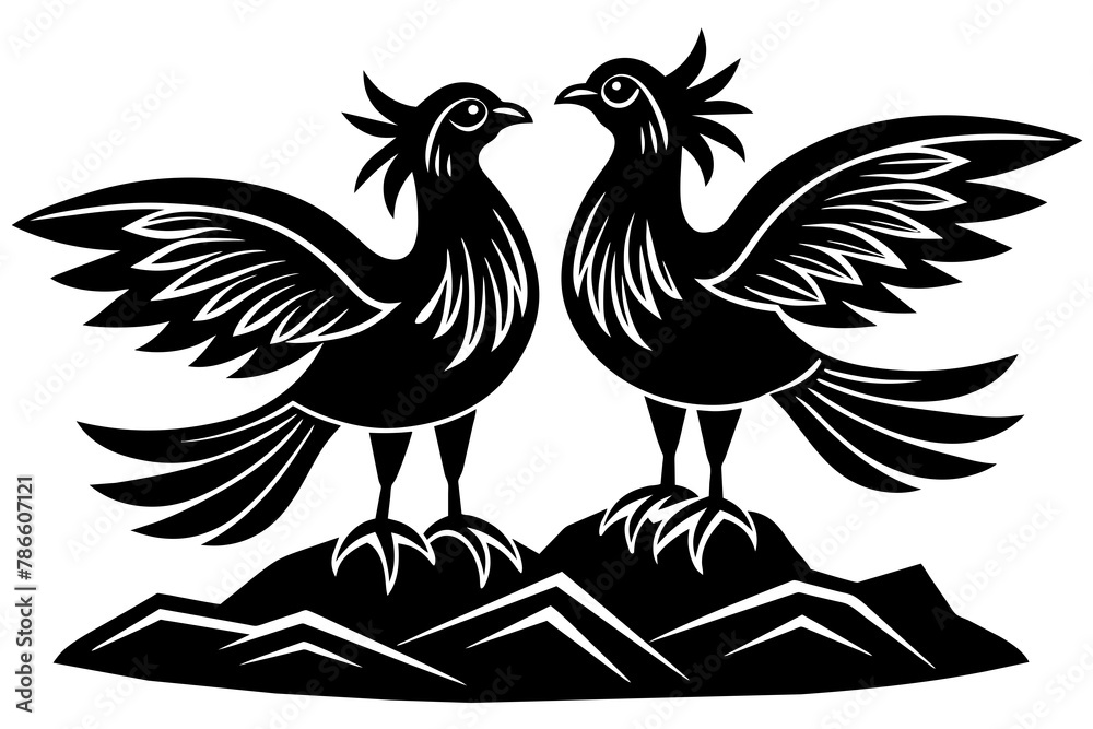 Fototapeta premium Minimalist 2 large birds standing on rock section heading flourish vector