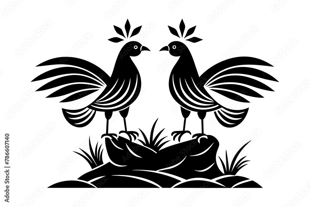 Fototapeta premium Minimalist 2 large birds standing on rock section heading flourish vector 