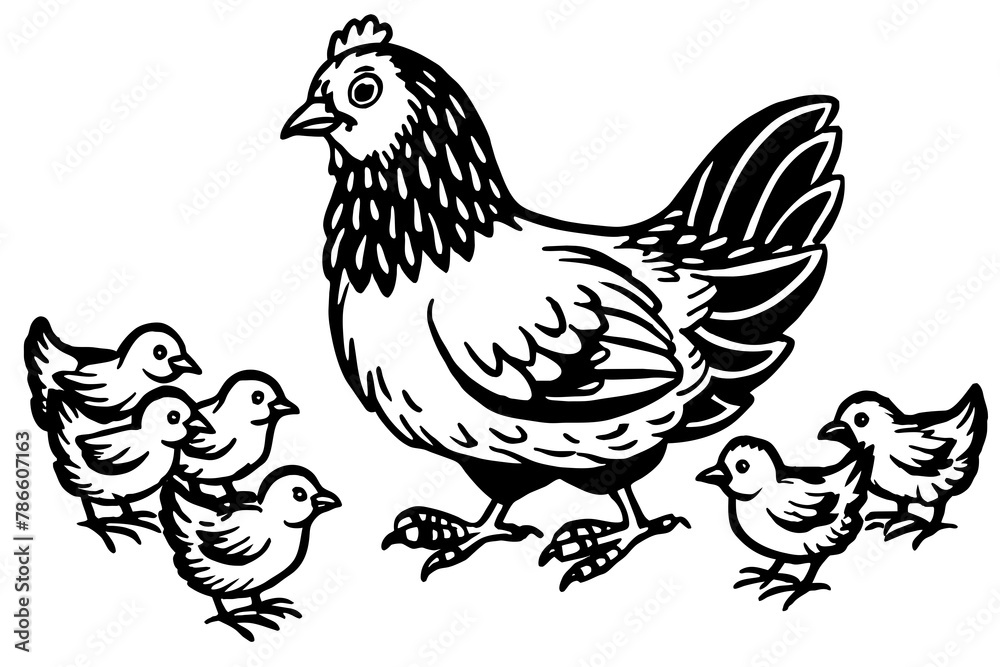 Obraz premium Chicken with chickens vector silhouette 