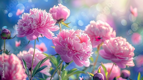 a spring morning as peonies bloom, butterflies dance, sunlight bathes the scene in brightness, the sky radiates a deep blue hue, and lush green grass completes the picturesque landscape.