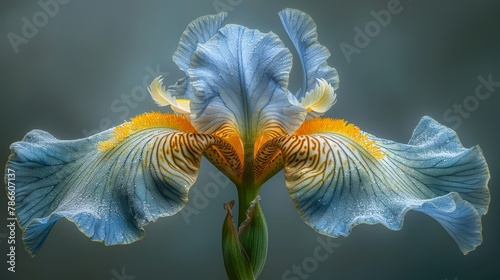  A blue-and-white flower with yellow stamens, situated before a gray backdrop Close-up of green stem and flower with contrasting yellow stamens