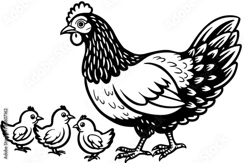 Chicken with chickens vector silhouette 