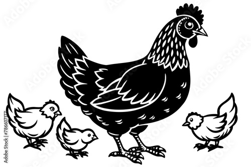 Chicken with chickens vector silhouette 