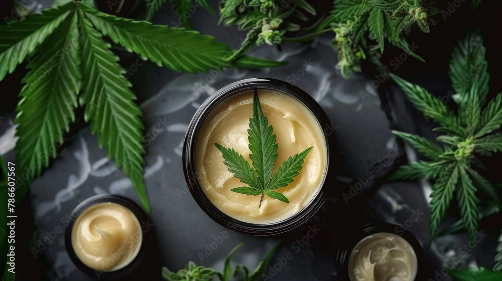 CBD, cannabis leaves and medical cream on dark background, natural cosmetic concept, banner, copy space CBD, cannabis leaves and medical cream on dark background, natural cosmetic concept, banner, copy space