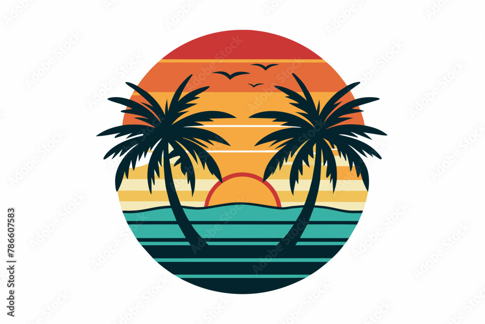 Beach with palms tree and sunset T-Shirt Design Vector Art white background