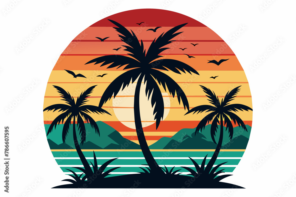 Beach with palms tree and sunset T-Shirt Design Vector Art white background