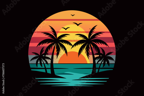 Fototapeta Naklejka Na Ścianę i Meble -  Beach with palms tree and sunset T-Shirt Design Vector Art white background