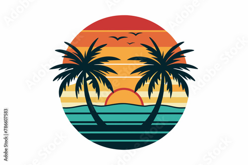 Beach with palms tree and sunset T-Shirt Design Vector Art white background