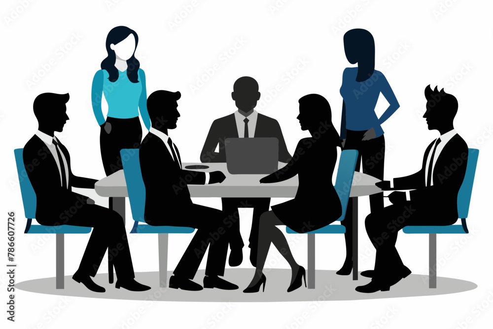 Business team meeting complete black silhouette in white background Business team meeting complete black silhouette in white background