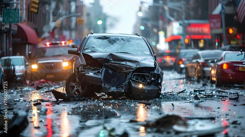 City Pulse: Aftermath of a Rainy Day Collision. Concept City Life, Rainy Day, Traffic Jam, Collision, Cleanup Efforts photo