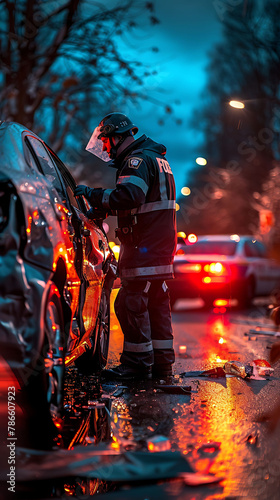 A Police Officer Providing assistance and support to victims of a car accident, realistic people photography photo