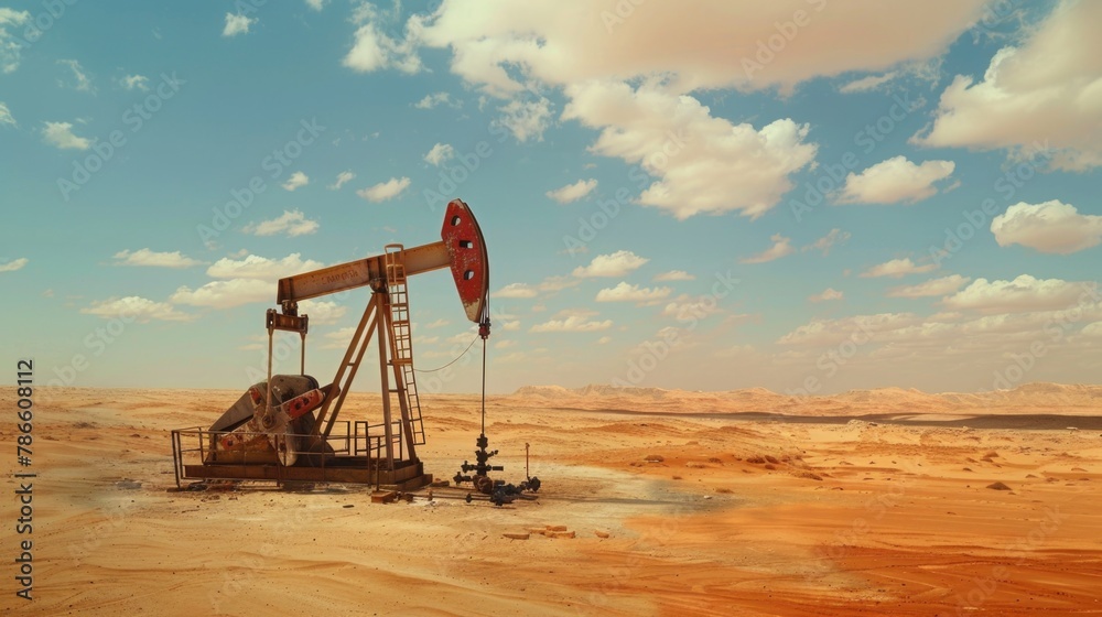 An oil pump in the middle of a desert. Suitable for industrial and environmental concepts