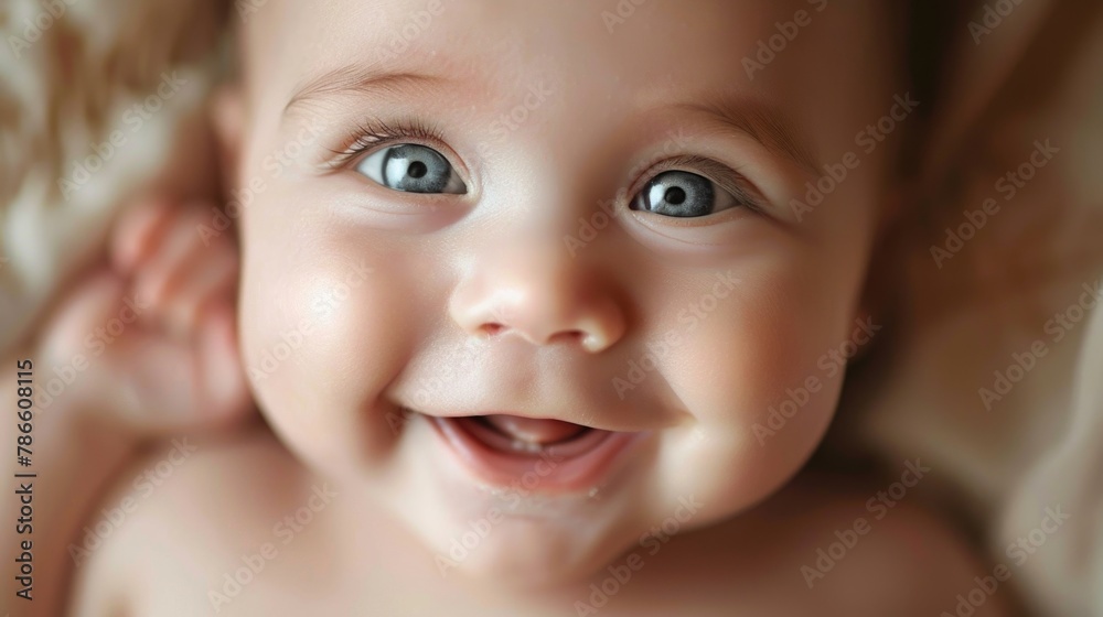Close up of a happy baby with bright blue eyes. Suitable for parenting blogs or advertisements Close up of a happy baby with bright blue eyes. Suitable for parenting blogs or advertisements
