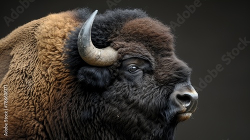  A tight shot of a bison's head, large horns of a distant animal visible in the background