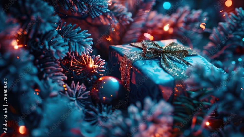 A blue Christmas tree with a gift wrapped in a bow. Perfect for holiday and celebration concepts A blue Christmas tree with a gift wrapped in a bow. Perfect for holiday and celebration concepts