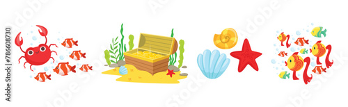 Fish, Crab, Shell and Treasure Chest as Sea Bottom Element Vector Set