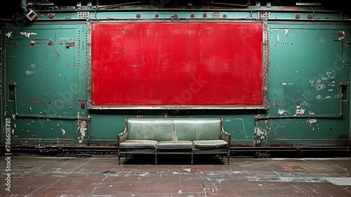  A couch faces a green-and-red wall; the wall features a red panel on one side