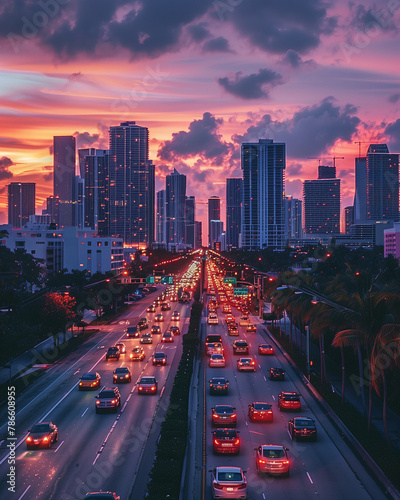 Miami skyline at dusk  professional photographer  worm angle