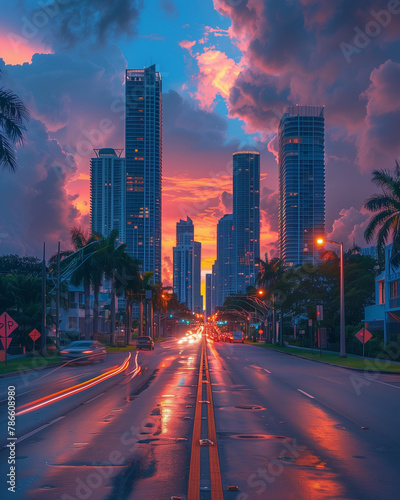 Miami skyline at dusk, professional photographer, worm angle