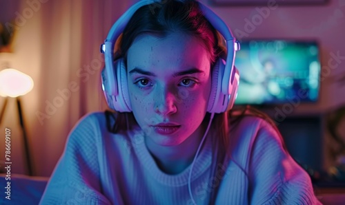 Immersed in Gaming: Young woman wearing gaming headset, fully engrossed in video games, embracing the thrill of being a girl gamer at home