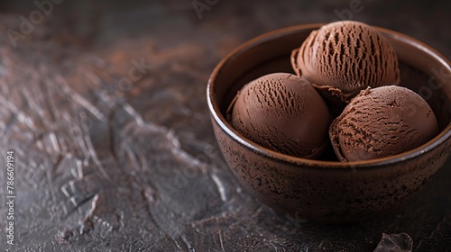 Three chocolate ice cream balls in a brown bowl shot on dark abstract table