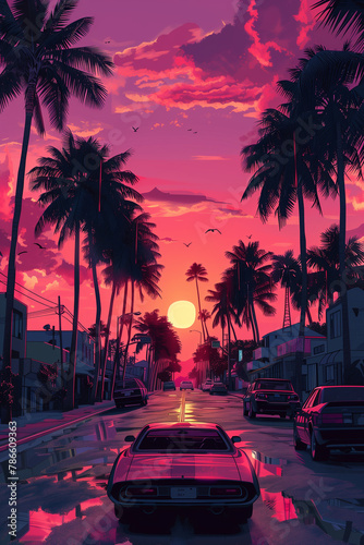 Painted Vice City style picture, retro aesthetic