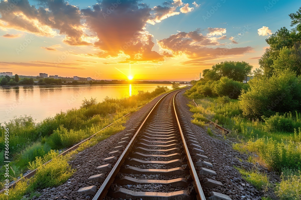 Railroad tracks along the river at sunset