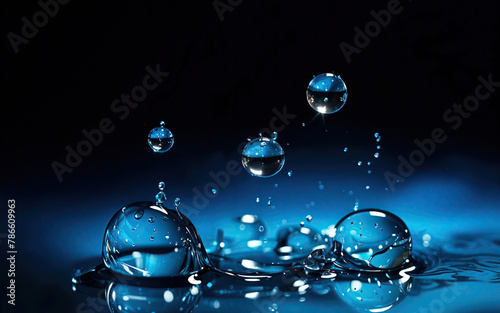 Drops of cold fresh water with shining highlights on a dark blue background in motion