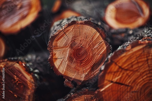 Close up of tree trunk logs revealing annual rings as natural wood material