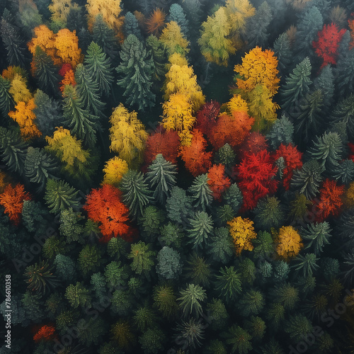 Aerial autumn forest, gradient of colors during autumn, aerial shot