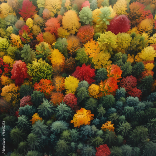 Aerial autumn forest, gradient of colors during autumn, aerial shot