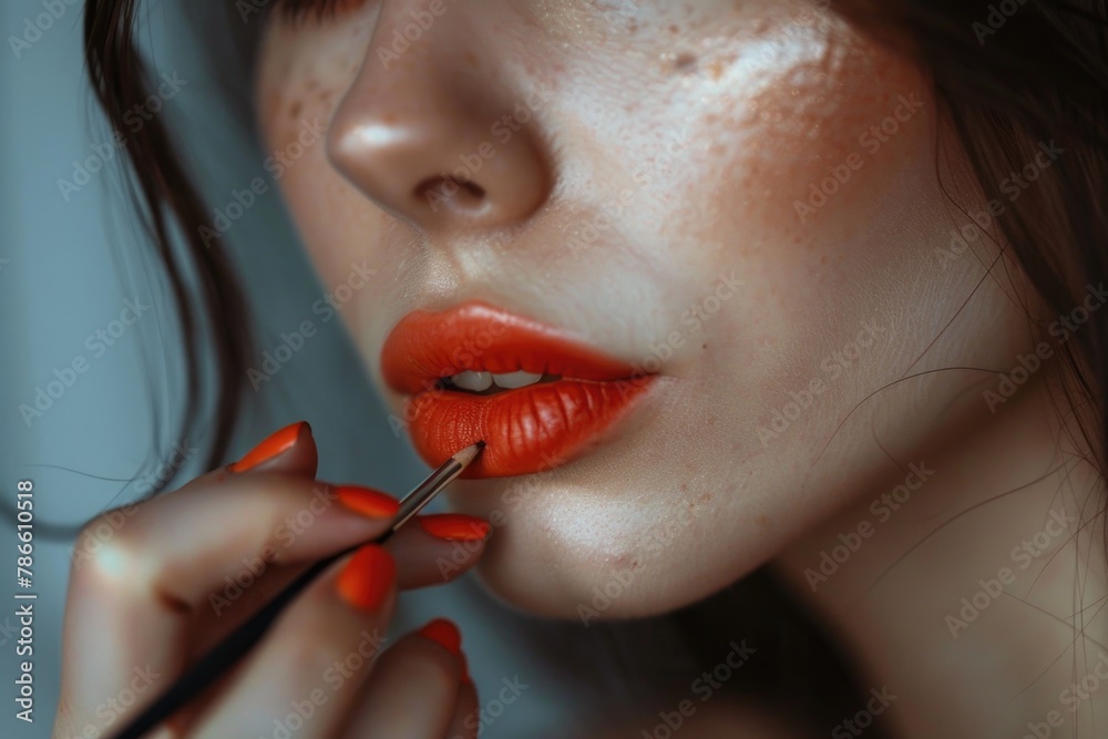 Obraz premium Close up of a person putting lipstick on her lips. Great for beauty and makeup concepts